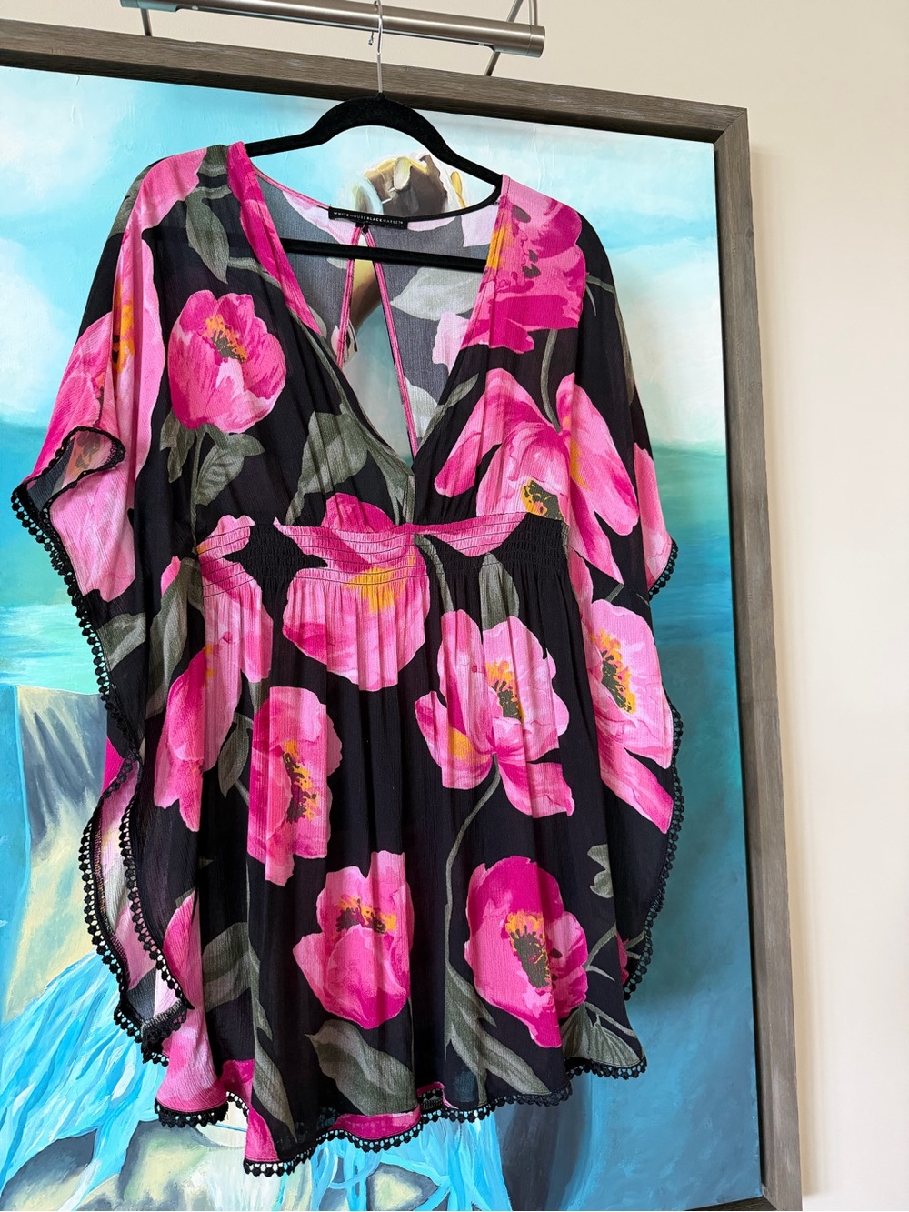 White House Black Market Black Swim Coverup Tunic with Pink Floral Print